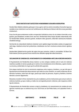 Declaración de condena del Ayuntamiento de Hondarribia por una agresión machista